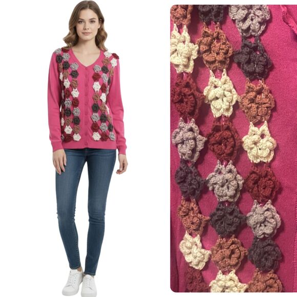 Upcycled Sweaters - Upcycled  Pink Cardigan Crochet Floral Applique Medium